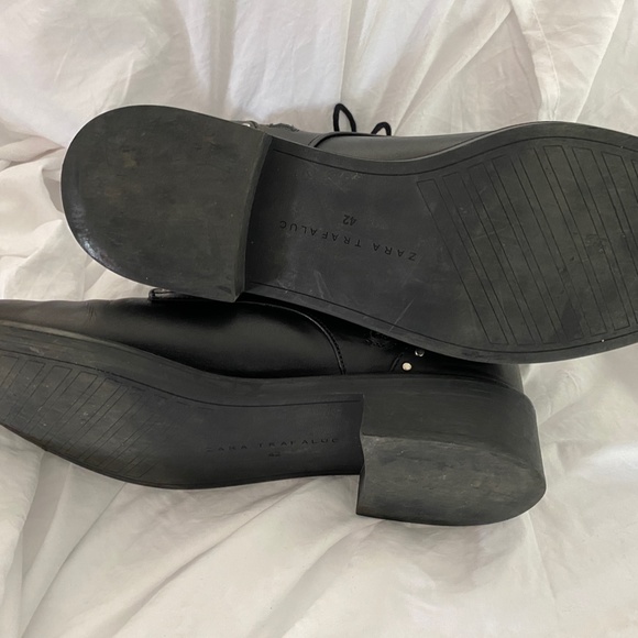 ZARA Trafaluc Black Leather Studded Combat Ankle Boots - Picture 6 of 8